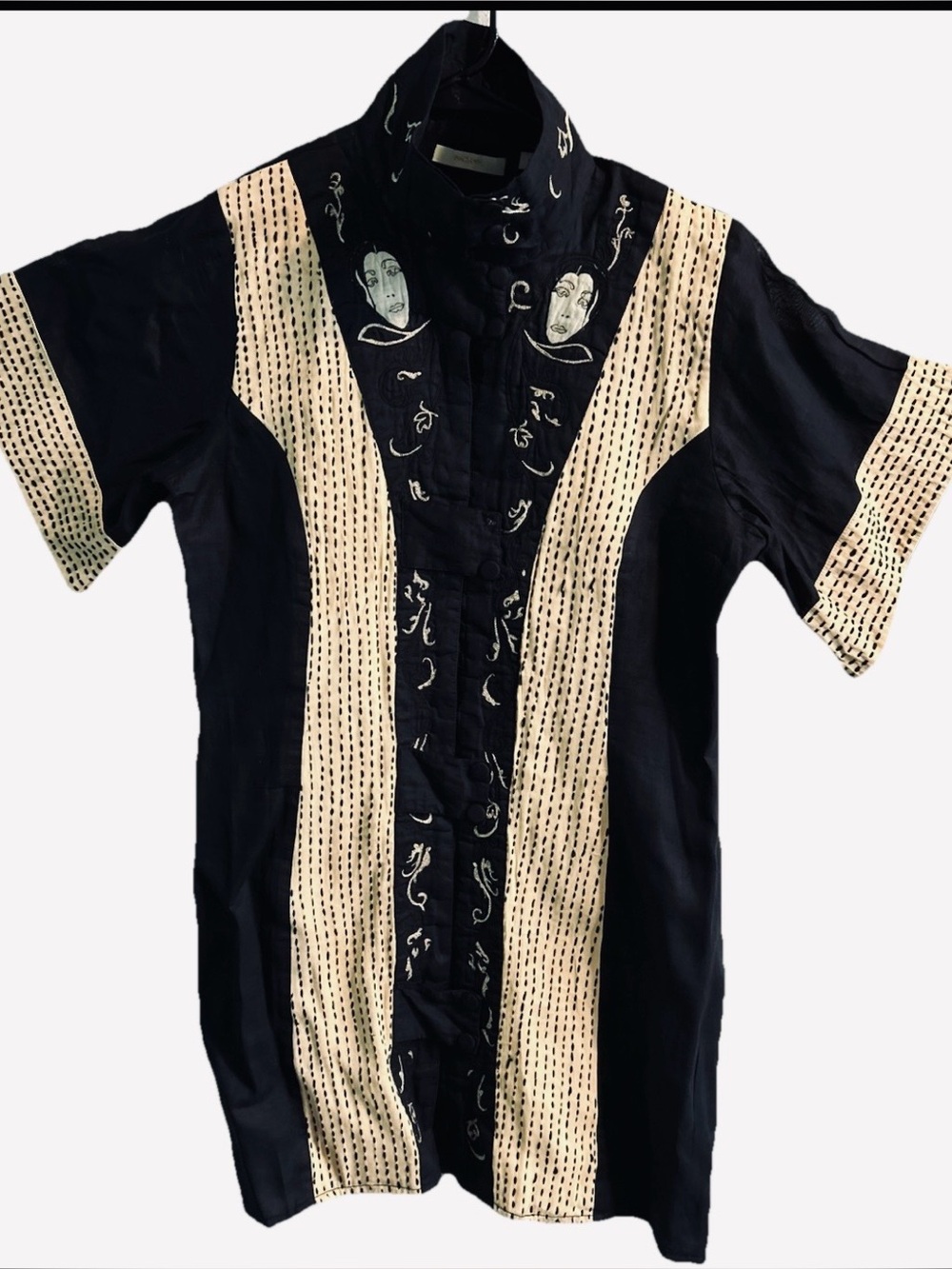 ataya Black Embroidered Face Tunic Top Med  Boho Whimsigoth Art to Wear  Cotton